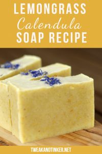 This cold process soap is a natural beauty, don't you think. Find out how to make this soap, the recipe using lemongrass essential oil and calendula. #coldprocesssoap #lemongrass #essentialoil