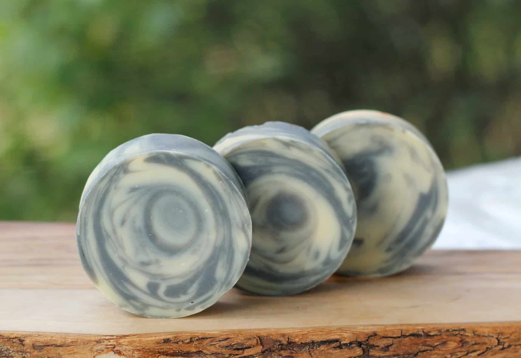 round soap with gray swirls.