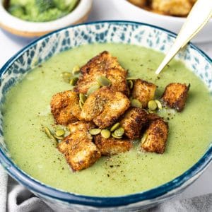 cream of broccoli soup in bowl.