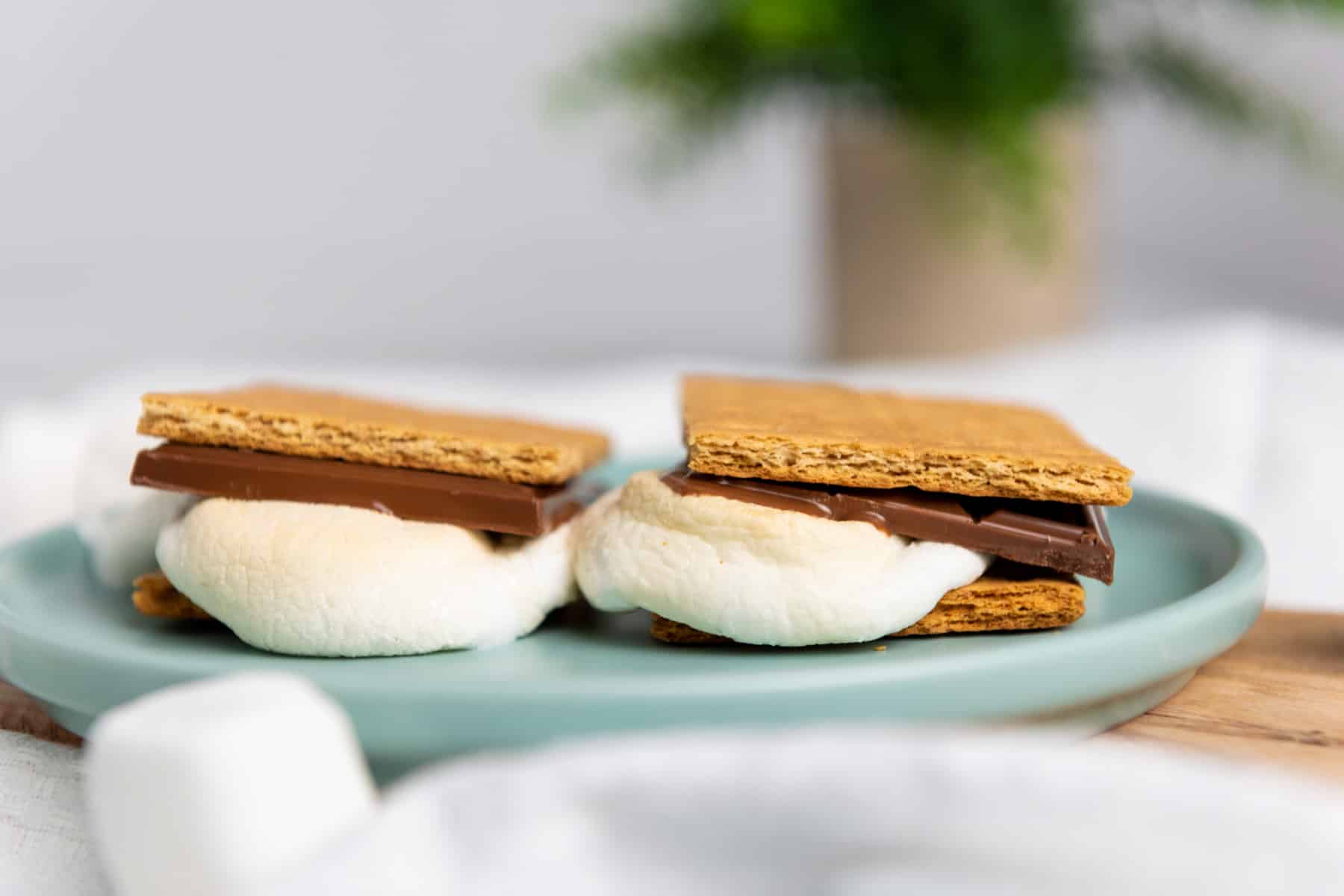 air fryer smores on blue plates.