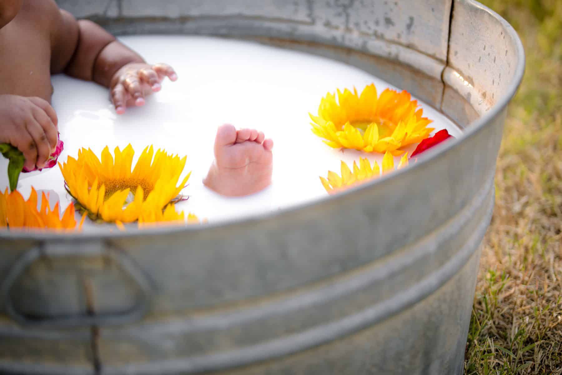 baby feet in milk bath.