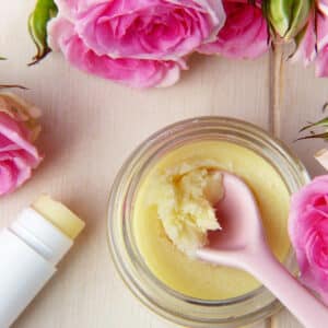 body butter lip balm and roses.